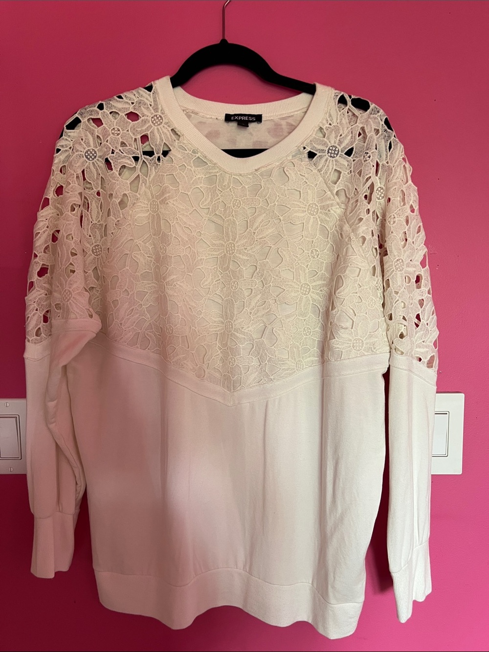 Express White Lace-Yoke Pullover Top Size Medium